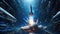 A striking visual of a sleek rocket blasting off on a background of futuristic, blue technology symbols.