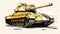 A striking watercolor sketch of a tank with yellow gray lines