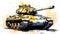 A striking watercolor sketch of a tank with yellow gray lines