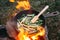 String beans in a pan. Cooking vegetables on an open fire. Food on a camping trip.