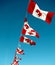 String of Canadian flags against blue sky