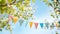 string of colorful pennant against blue sky in the garden