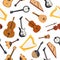 Stringed musical instrument with strings, bluegrass mandolin, banjo and lute, guitar seamless pattern vector