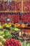 Strings of dried hungarian paprikas and vegetables at the market in Budapest Hungary