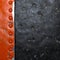 Strip of metal with rivets painted red in the shape of a rectangle on black metal background 3d