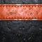 Strip of metal with rivets painted red in the shape of a rectangle in the center on black metal background 3d