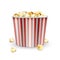 Striped carton bowl filled of popcorn, bag full of popcorn. Realistic vector illustration