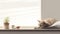a striped cat enjoying dry feed while lying on a windowsill, portray the well-fed cat in a relaxed state, presenting a