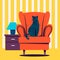 The striped cat sits on an armchair against the background of striped wallpaper.