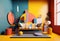Striped colorful sofa in room wth geometric shapes decorative pieces. Postmodern interior design of modern living room. Created