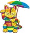 Striped multicolored cat with a fish in its paws