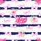 Striped navy seamless vector print with pink satin bows, rose fl