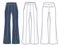 Striped Pants technical fashion illustration, striped pattern. Flared Pants fashion flat technical drawing template, flared bottom