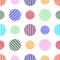 Striped round shapes of red, blue, yellow, orange, green, pink colors on white background. Seamless geometry pattern.