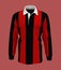 Striped rugby shirt mockup isolated on red, Front view.