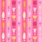 Striped Seamless pattern with different cocktail glasses in pink and yellow colours.
