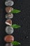 Striped stones and leaf lie on a wet black background