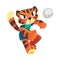 Striped Tiger in Sportswear Playing Volleyball Game Doing Sport Vector Illustration