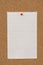 Stripped note paper swith push pins on cork board. Empty paper pages for notes copy space