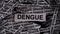 Strips of newspaper with the word Dengue typed on them. Black and white