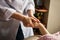 stroking massage of hands close up,Hands massage in the spa salon,Woman in a nail salon receiving a manicure by