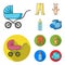 Stroller, bottle with a pacifier, toy, sliders.Baby born set collection icons in cartoon,flat style vector symbol stock