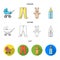 Stroller, bottle with a pacifier, toy, sliders.Baby born set collection icons in cartoon,outline,flat style vector