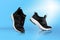 Strolling sports shoes over blue background. Sneakers or trainers isolated. Athletic shoes. fitness, sport, training