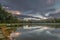 Stromovka park with trees forest and pond Bagr in autumn morning