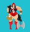 Strong Adult Red Riding Hood and wolf skin trophy hunting. Strong female warrior in red cloak. Powerful woman protector. Beautiful