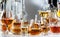 Strong alcohol drinks, hard liquors, spirits and distillates iset in glasses and bottles: cognac, scotch, whiskey and other. White