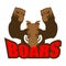 Strong angry boar warthog. Wild boar and barbell. Emblem for sports team