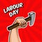 Strong arm holding a hammer, Factory worker, handyman, builder. Concept in Soviet Union Agitation Style. Happy Labor Day