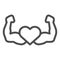 Strong athlete hands line and solid icon. Heart with muscle arms symbol, outline style pictogram on white background