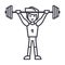 Strong athlete with weights barbell,weightlifting vector line icon, sign, illustration on background, editable strokes