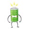 Strong battery man standing and shows his muscles. Charging indication. Full charged green battery. Element of