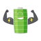 Strong battery man standing and shows his muscles. Charging indication. Full charged green battery. Element of