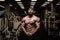 strong bearded athlete in bandana posing in dark gym