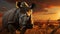 Strong Big Rhinoceros Stand Alone in Jungle at Sunset Golden Hour Selective Focus Background