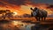 Strong Big Rhinoceros Stand Alone in Jungle at Sunset Golden Hour Selective Focus Background