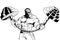 Strong bodybuilder flexes heavy barbell