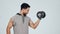 Strong, bodybuilder and portrait of personal trainer pointing to you in gym, exercise with dumbbell and fitness mockup