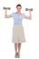 Strong businesswoman posing with dumbbells