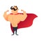 Strong cartoon funny superhero. Power super hero man with cape. Flat vector athlete character. Muscular brutal athletic