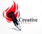 Strong design or art power concept shown as a pencil with clenched fist combined into symbol with fire flame, vector logo or