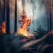 strong fire with smoke in pine forest. Global warming, generative AI