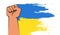 Strong fist rising to help, save, support Ukraine, yellow blue Ukrainian flag near hand