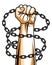 Strong hand clenched fist fighting for freedom against chain slavery theme illustration, vector logo or tattoo, getting free,