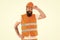 Strong handsome builder. Creating solid foundation. Man protective hard hat and uniform white background. Worker builder