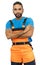 Strong hispanic construction worker with orange protective gear